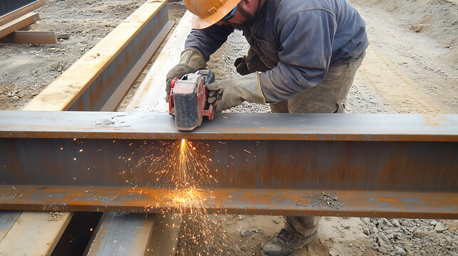 Worker Cutting Steel Beam with Angle Grinder at Construction Site