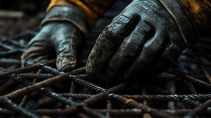 Worn Gloves Handling Rusty Rebar: Close-Up of Industrial Labor