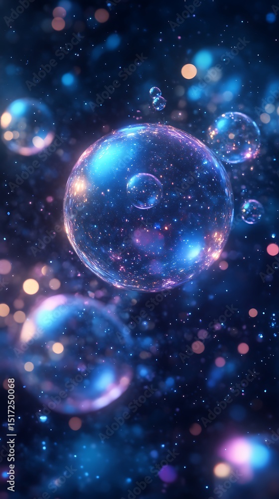 Poster cosmic bubbles floating amidst a glittering celestial tapestry of light