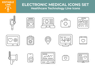 Electronic Medical Icons Set - Healthcare Technology Line Icons