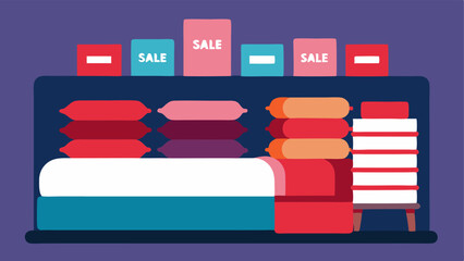 Bedding Collections Neatly arranged bedding sets displayed on a wall with coordinating pillows and throws each piece marked with large SALE stickers.