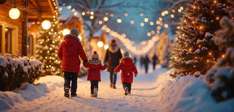 Family strolls along snowy winter street with lights, creating warm, joyful holiday atmosphere. Christmas trees, festive decorations, and bokeh add magic to winter scene. Focus on family unity.