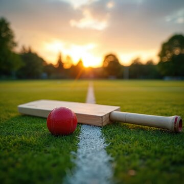 Rounders bat ball rest on green grass white chalk boundary line against sunset. Sport equipment, casual outdoor game, scene, fun, recreation, action, active lifestyle.