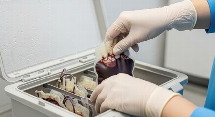 A doctor who checks and stores the donated blood bags in a special storage place.