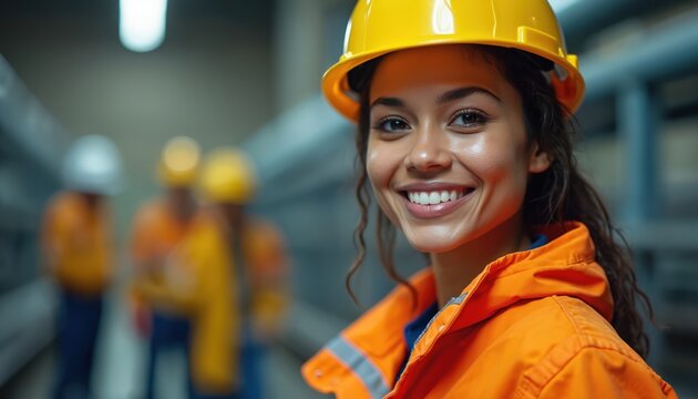 Smiling woman in construction site. Female worker in orange workwear, yellow hard hat. Team in background. Diverse workforce at industrial settings. Workplace, teamwork, collaboration, construction,