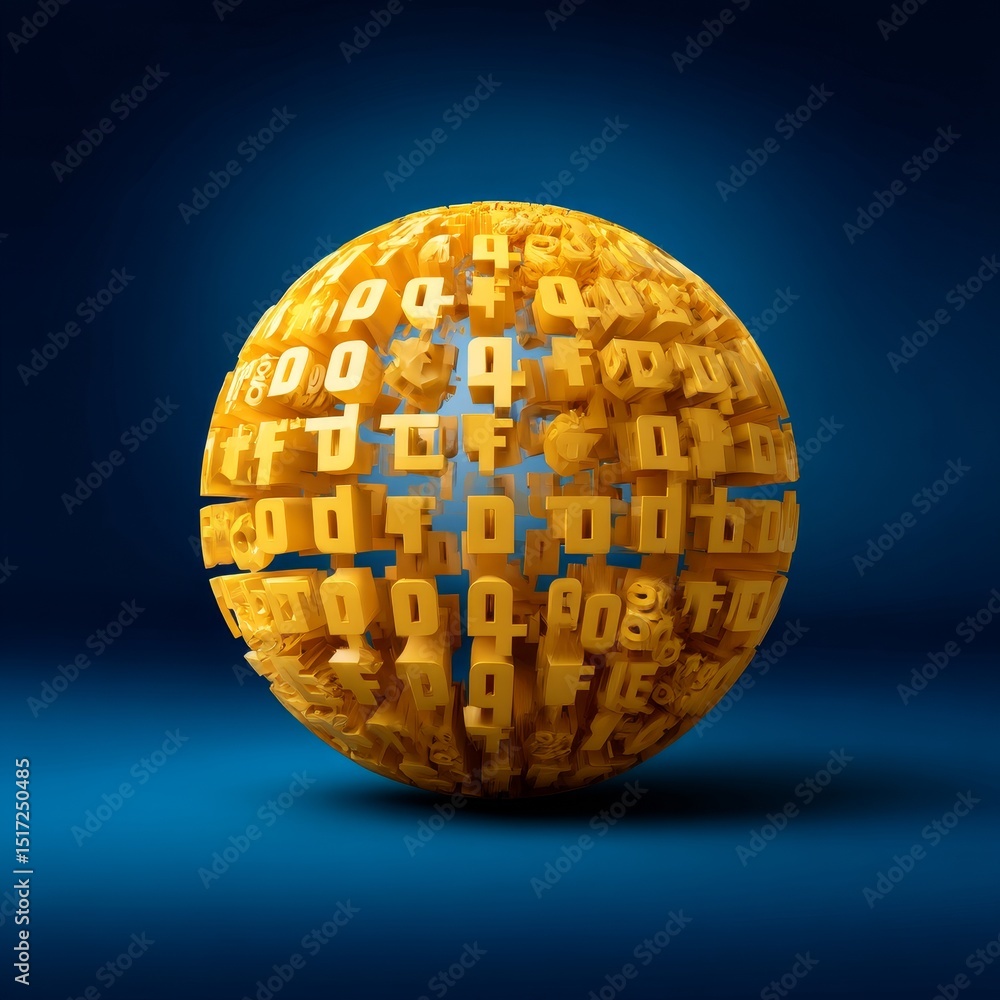 Poster golden digital currency globe: abstract 3d rendering of a gold sphere with characters on a blue back
