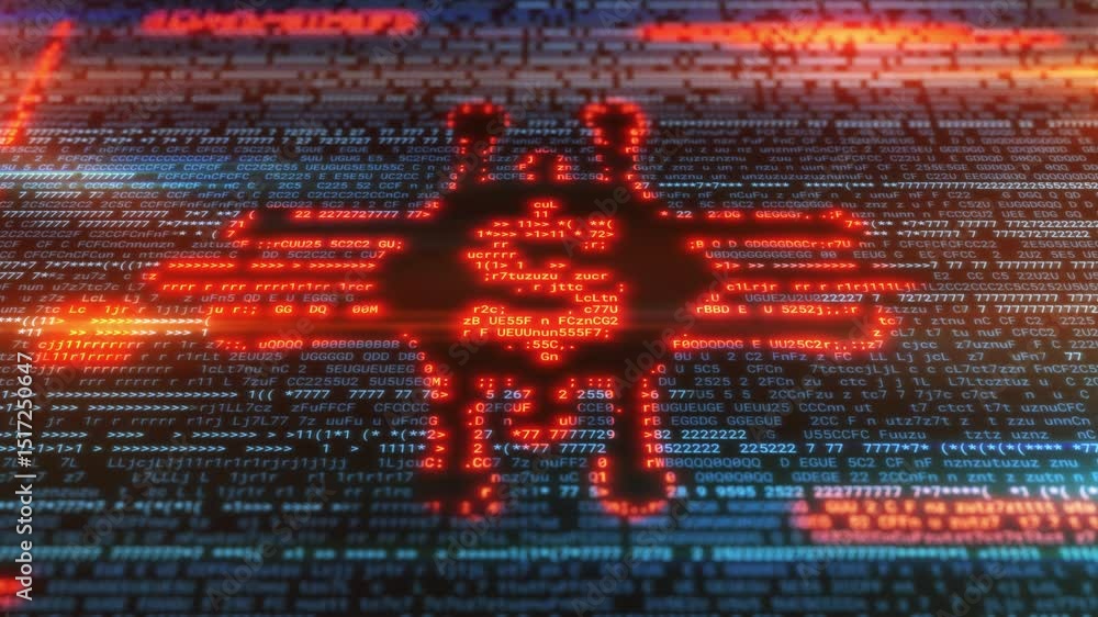 Poster dollar sign emerging from computer code in red and orange