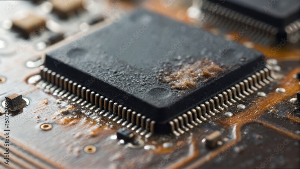 Poster close-up of circuit board showing heat damage and marred components