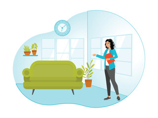 Home Staging Concept. Woman in Bright Living Room with Green Sofa.