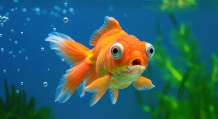 Astonished Telescope Goldfish in Vibrant Aquarium Setting: A Close-Up Underwater Shot