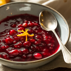 A photograph of a vibrant bowl of homemade cranberry sauce, glistening under soft light