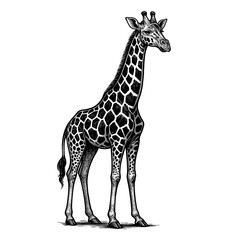 Fototapeta premium Engraving Style Illustration of a Tall Giraffe Standing on a White Background