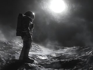Obraz premium An astronaut contemplating the unknown on a desolate alien planet surface
