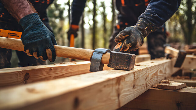 Woodworking in Progress: Close-Up of Hammering on Timber - Powered by Adobe
