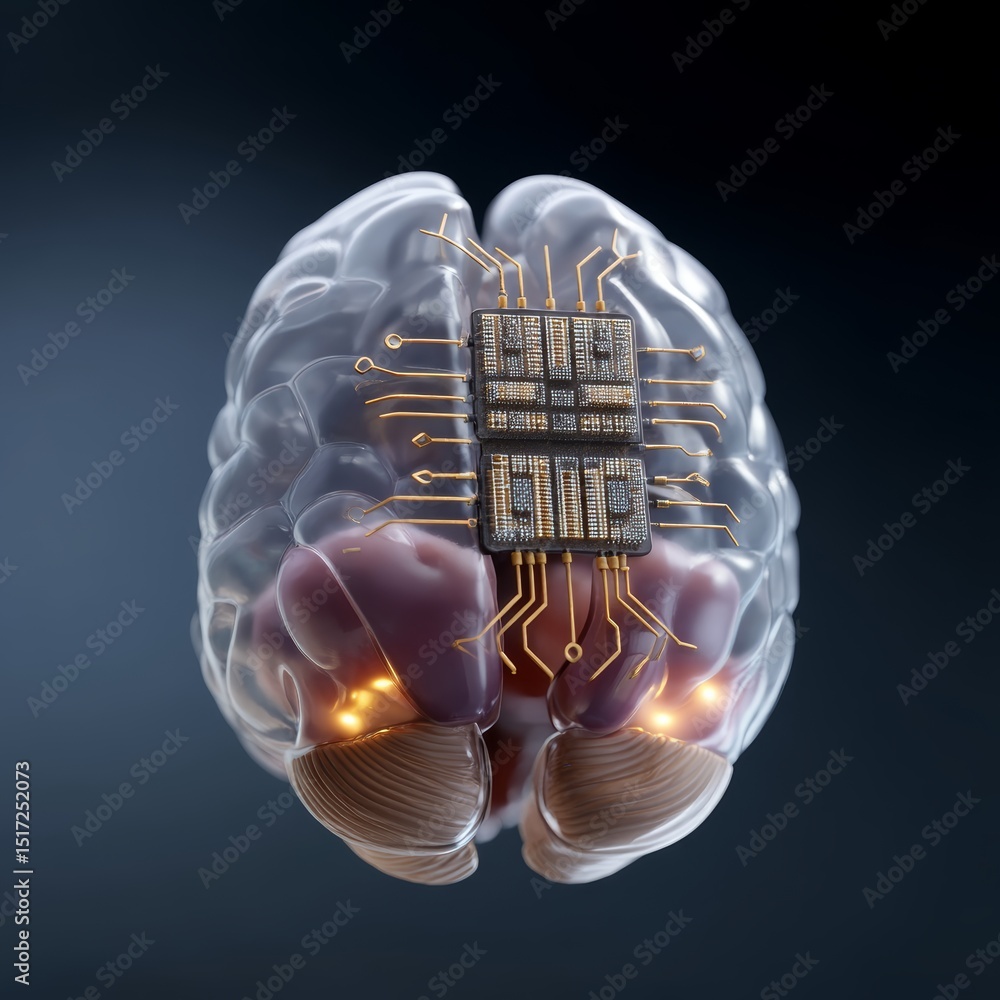 Poster human brain with implanted microchip digital rendering