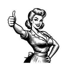 Obraz premium Retro woman giving thumbs up, smiling in black and white vector pinup illustration