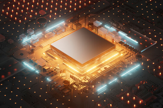  Futuristic Glowing Microchip on Circuit Board