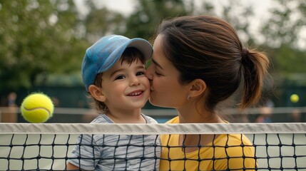 A mother and son share a tender moment on a tennis court.