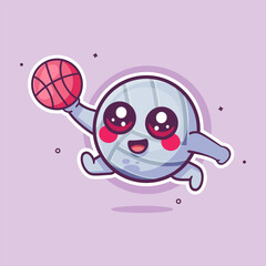 happy volleyball ball character mascot playing basketball isolated cartoon