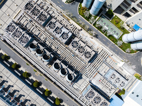 Vertical Aerial View of Building Rooftop with Air Conditioning Units