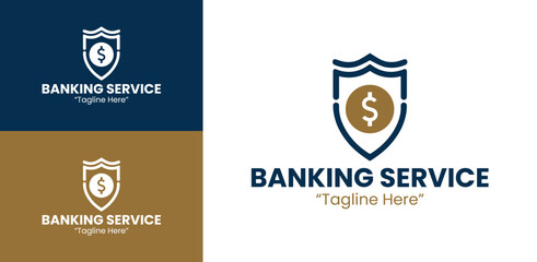 Luxury Banking Logo with Shield and Dollar Coin in Dark Blue and Gold for Financial Branding
