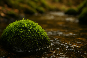 Moss-covered rock in forest setting surrounded by greenery in natural low light