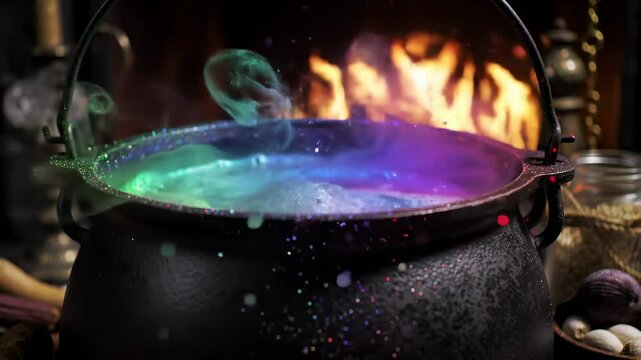 Colorful smoke rising from cauldron