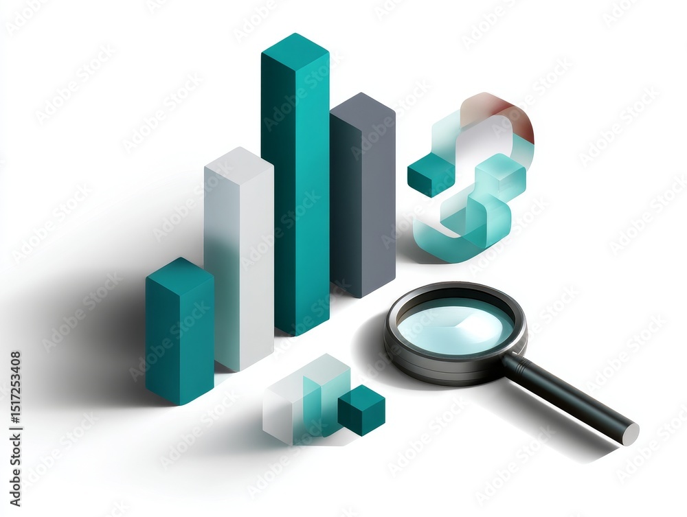 Poster isometric 3d data analysis icon: teal and gray bar graph with magnifying glass