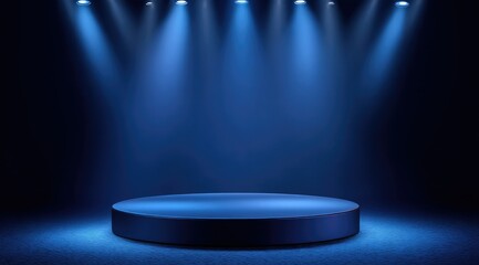 A circular, dark-blue platform is dramatically lit from above by several bright blue spotlights against a matching dark background.  The scene evokes a sense of mystery and anticipation