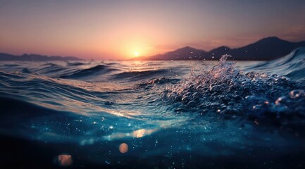Sun-kissed ocean waves at sunset, partially submerged view showcasing bubbly water and distant mountains under a vibrant sky