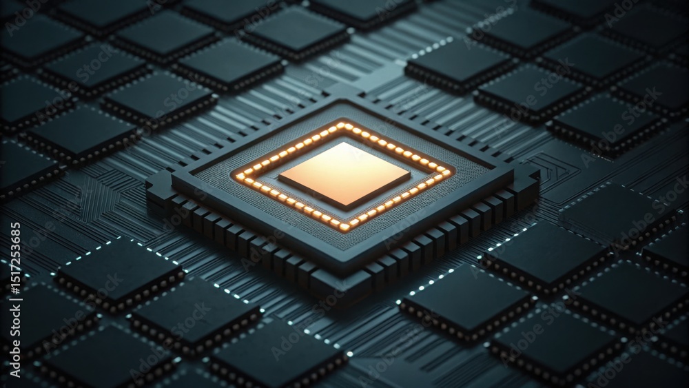 Poster detailed circuit board design with fading chip outline in gigapixel