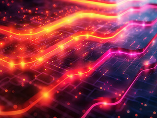 Fototapeta premium Flowing neon currents pulse across a digital grid. Futuristic data transfer simulation. Suitable for tech marketing, blockchain, or AI visuals.