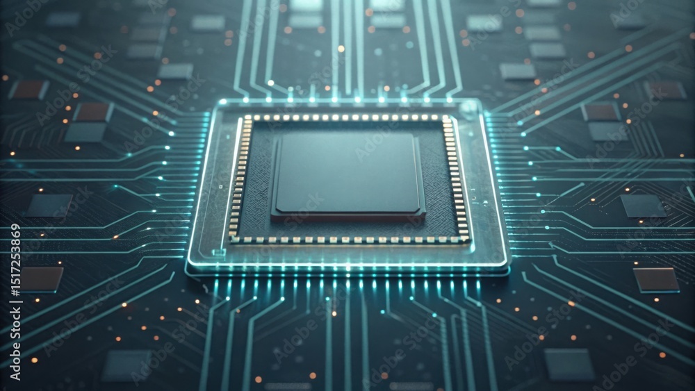 Poster detailed circuit board design featuring chip and fading outline
