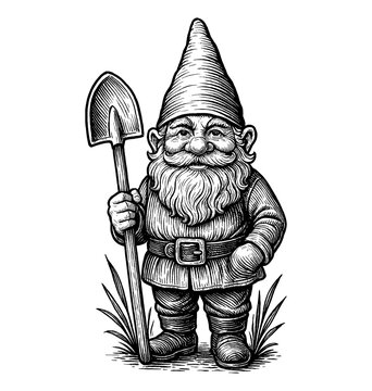 recommend clip art: Illustration of a happy gnome holding a shovel, black and white line art detailed drawing