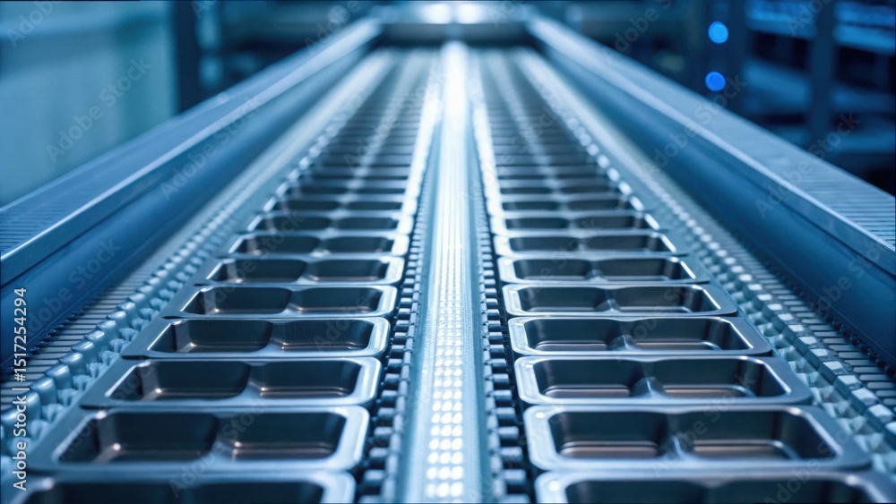 Poster Empty Conveyor Belt with Slots in Modern Factory Setting