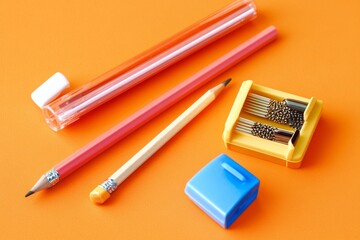 pencil sharpener and pencil on orange background