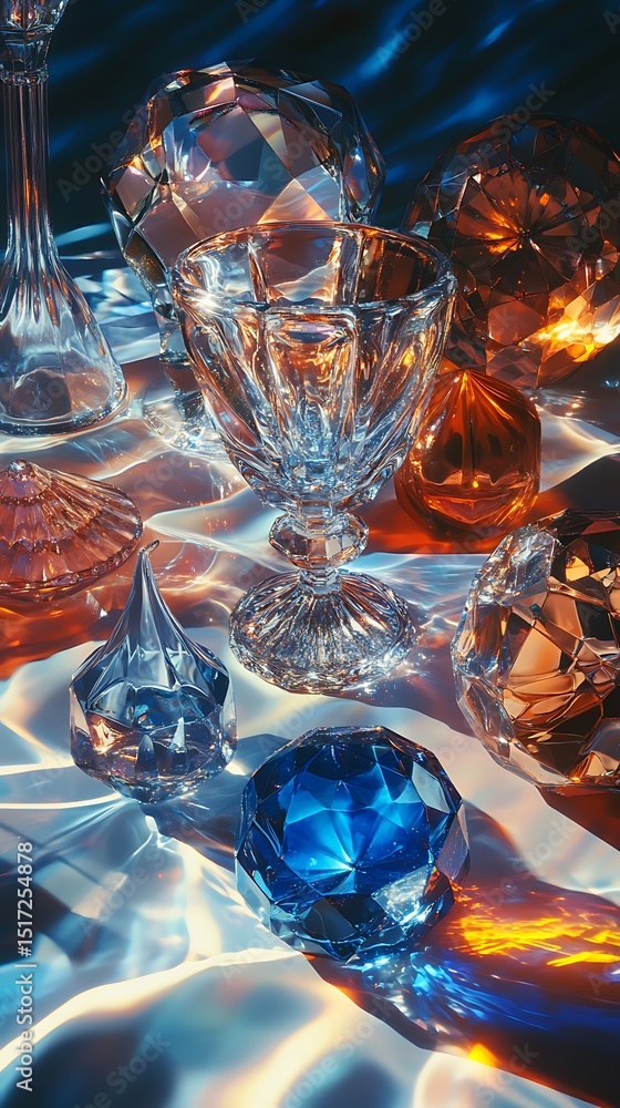 Poster refracted light through intricate crystal objects creating vibrant reflections and prisms