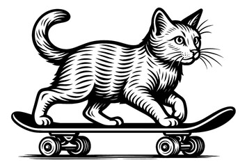 Fototapeta premium Cat Riding Skateboard Illustration Black and White Line Art Detailed Engraving Style