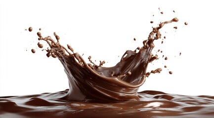 Fototapeta premium A dynamic splash of rich, dark brown liquid, possibly chocolate, erupts against a stark white backdrop, creating a visually appealing, symmetrical crown-like form with droplets suspended in mid-air