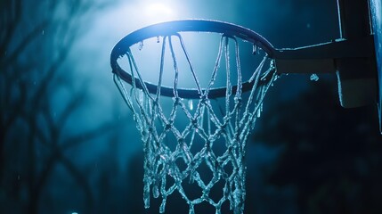 Frozen basketball hoop at night.