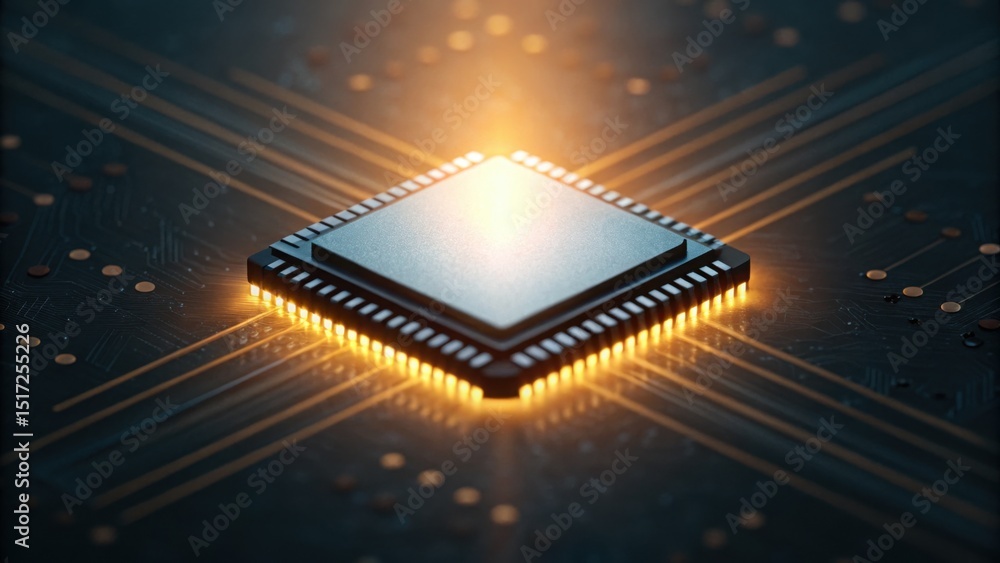 Poster high-tech semiconductor chip on circuit board with illuminated design