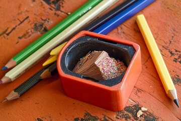 pencil sharpener and pencil on orange background
