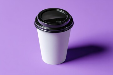 A tall, white disposable coffee cup with a black lid sits on a purple background, casting a subtle shadow