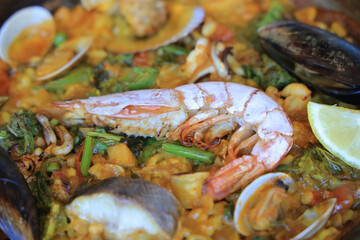 Traditional Paella Dish with Seafood and Fresh Ingredients