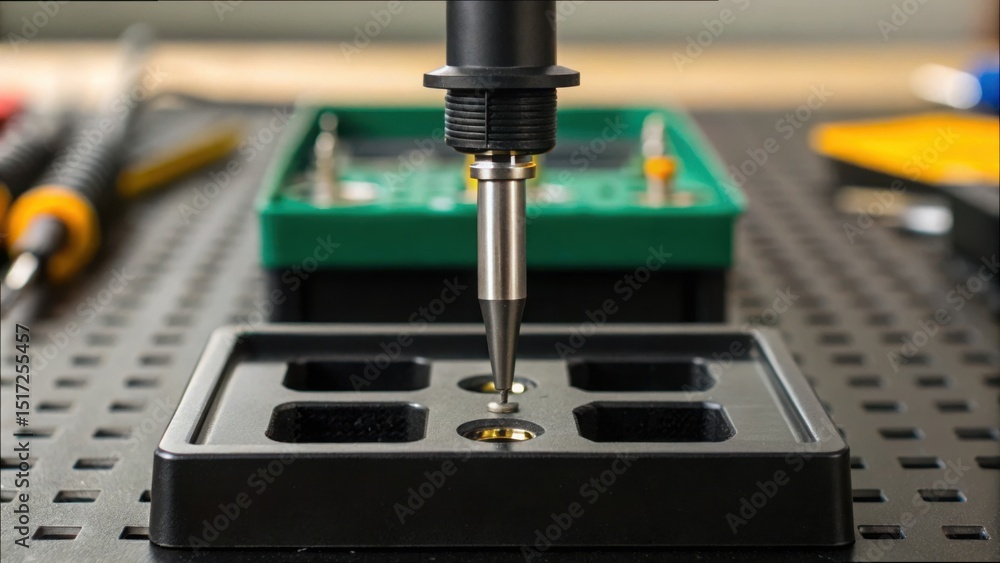 Poster close-up of soldering station tip paused over work surface