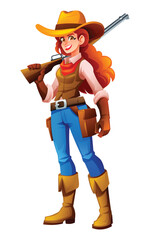 Cowgirl holding rifle with cheerful smile and readiness for adventure. Vector cartoon character illustration