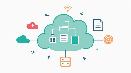Data Cloud A large fluffy cloud made up of various icons representing data types like numbers graphs and documents with arrows indicating flow into a central processing unit CPU.