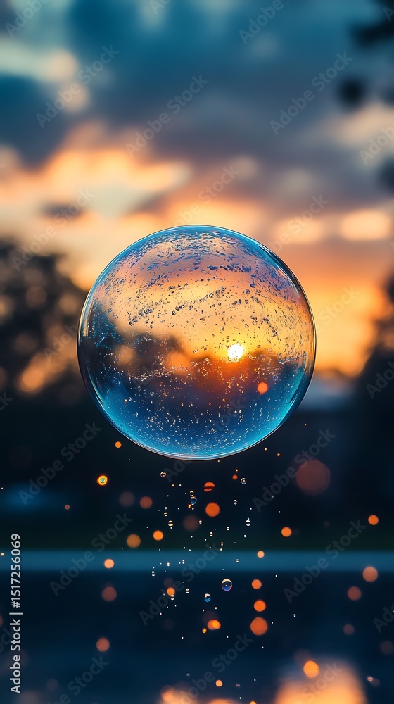 Poster encapsulated sunset reflections in a weightless orb hovering above serene waters