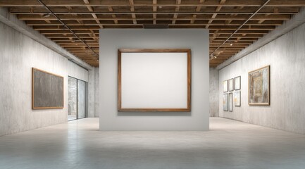 Obraz premium Modern art gallery interior with exposed beams, concrete walls, and a large empty frame as a focal point, surrounded by smaller artworks