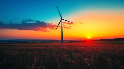 Obraz premium Single windmill silhouette at sunset in rural landscape with minimalist color blocking